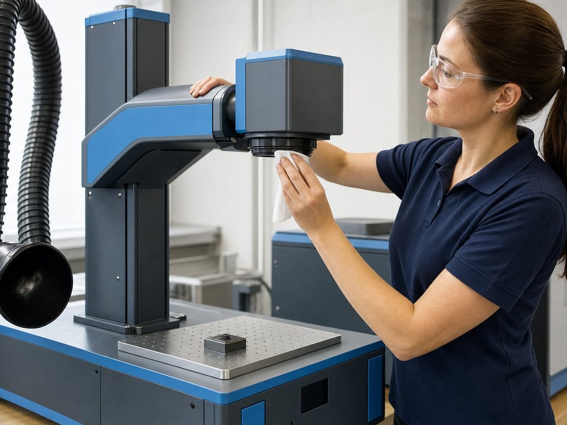 Technician in safety glasses wiping the scan head lens of a benchtop fibre laser marker with a lint-free cloth