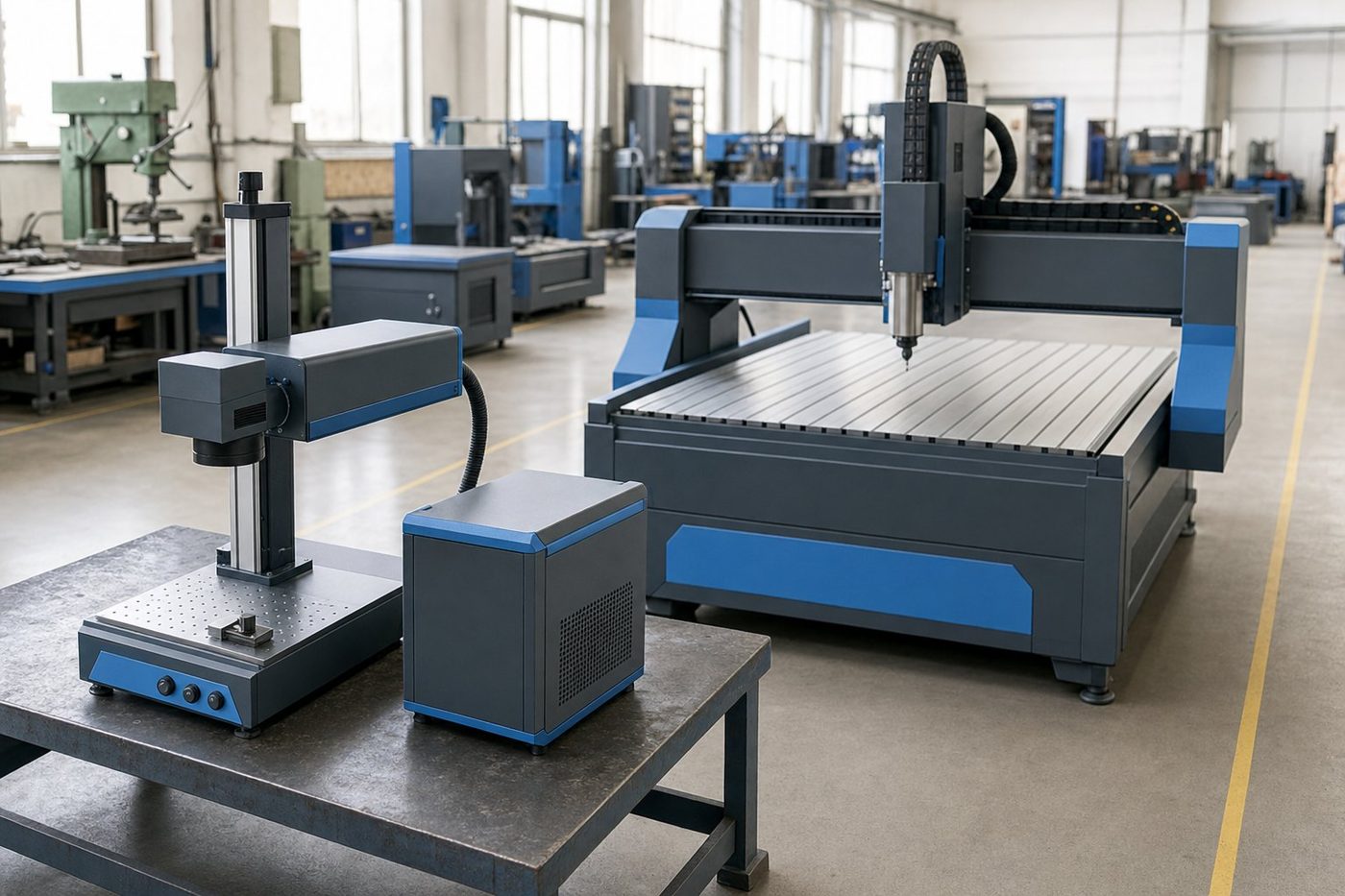 Benchtop fibre laser marker on a steel bench in front of a CNC router in the Sunnyrock machine hall